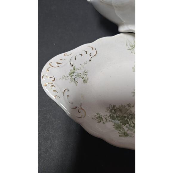 Vintage W H Grindley Daisy Gravy Boat Underplate Green Floral Gold Trim England - Picture 10 of 13